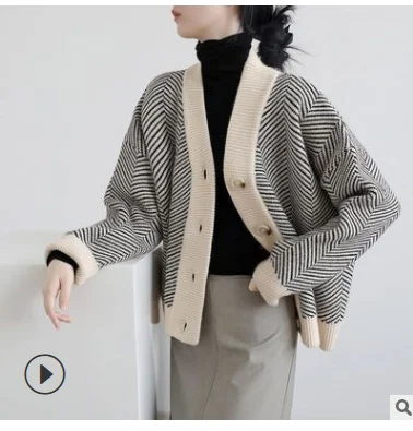 

Hot sale autumn and winter new retro knitted cardigan women's striped lazy style loose thick thick line outer sweater