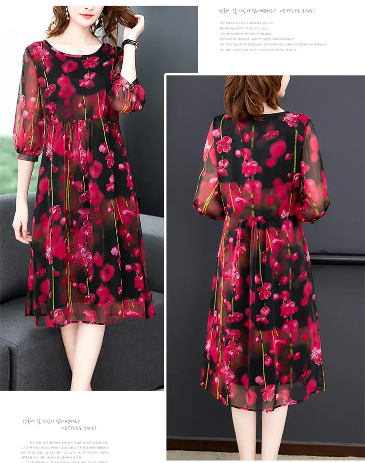Elegant Female Vestidos Real Silk Dresses 2020 New Summer Vintage A-line Print Dress Loose O-Neck Short Sleevele | Женская одежда