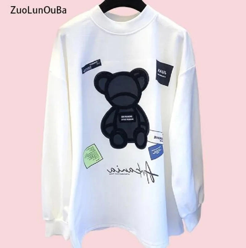 

Женская футболка с длинным рукавом ZuoLunOuBa, Повседневная Свободная футболка с вышивкой в стиле Харадзюку С мультяшными буквами и маленьким м...