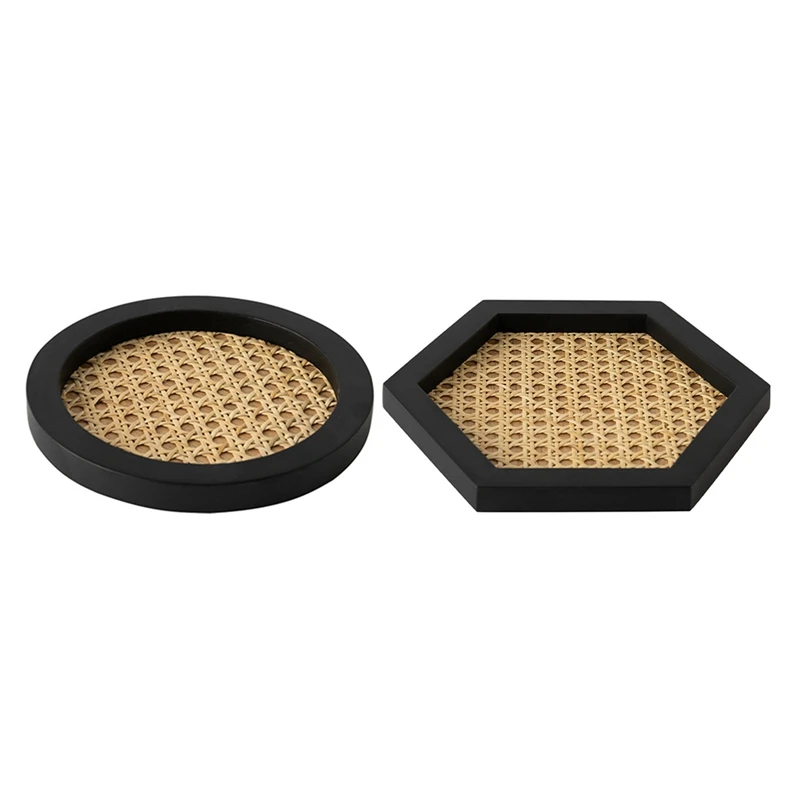 

2 Pcs Wooden Handmade Ins Wind Rectangular Geometric Ornament Key Storage Tray-Round Black & Hexagonal Black