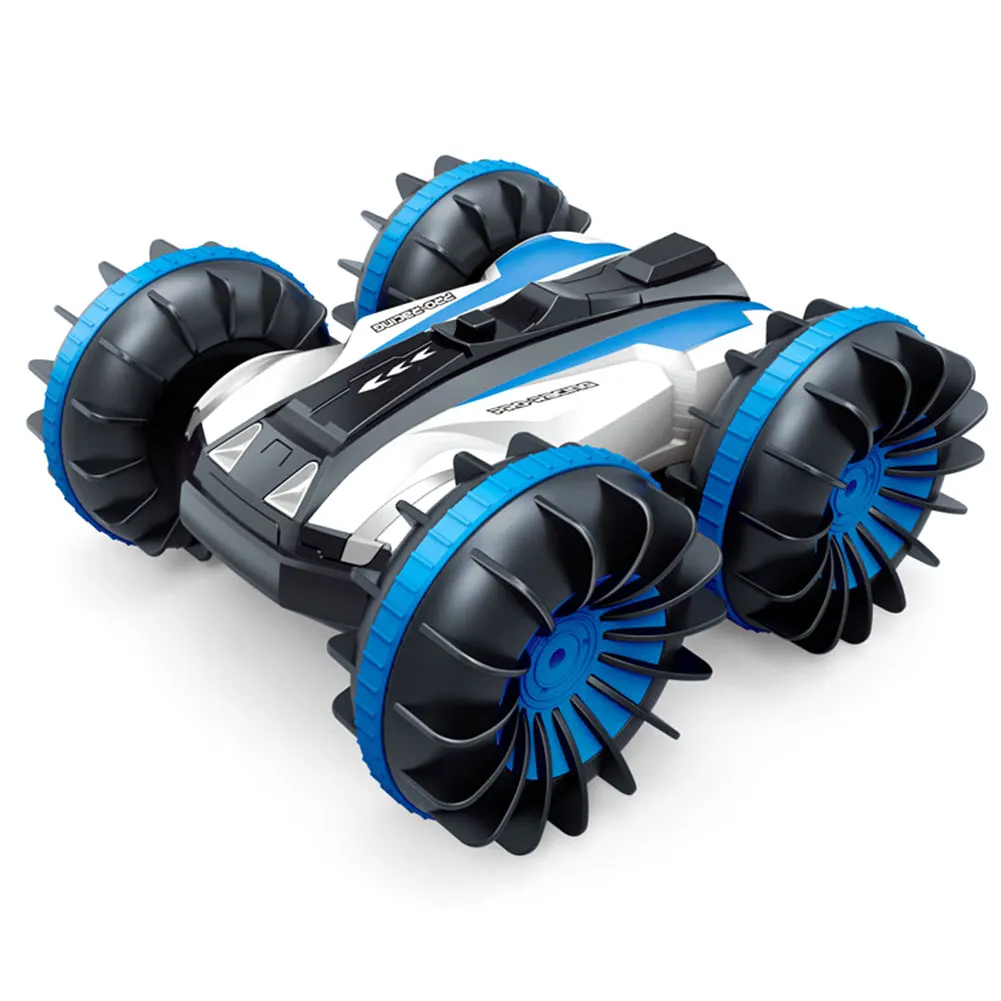 Синий 2,4 GHz 4WD 1:18 водонепроницаемый 360 градусов вращается двухсторонний трюк вращающийся RC автомобиль внедорожный подарок автомобиль амфибия лодка день рождения - Цвет: Синий