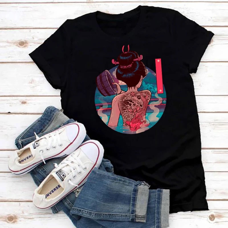 

Женская футболка с принтом в японском стиле, Повседневная футболка с круглым вырезом и принтом в ванную комнату, летний топ, 2021