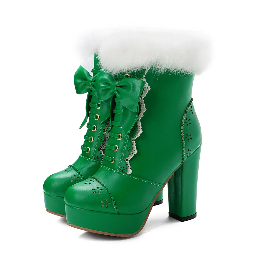 Green Thick Lining Г. Новые Брендовые женские ботильоны на платформе с милым мехом черного и фиолетового цвета школьная женская обувь на высоком каблуке Большие размеры 10, 43, 45, 48, LA259 - Цвет: Green Thick Lining