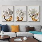 Абстрактный скандинавский постер с изображением белых роз и золотых брызг, Современная Картина на холсте с изображением растений для украшения гостиной