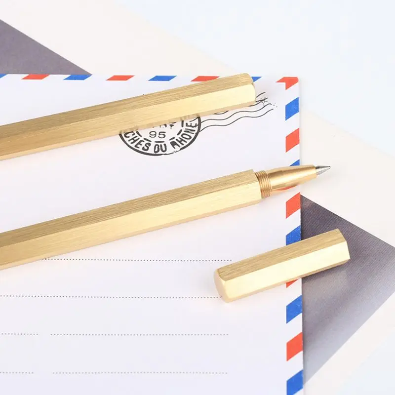 

Hexagon 0.5mm Gel ink Pen Handmade Brass Liquid ink Roller ball Pen Classic Unique Design Office Stationery Gifts