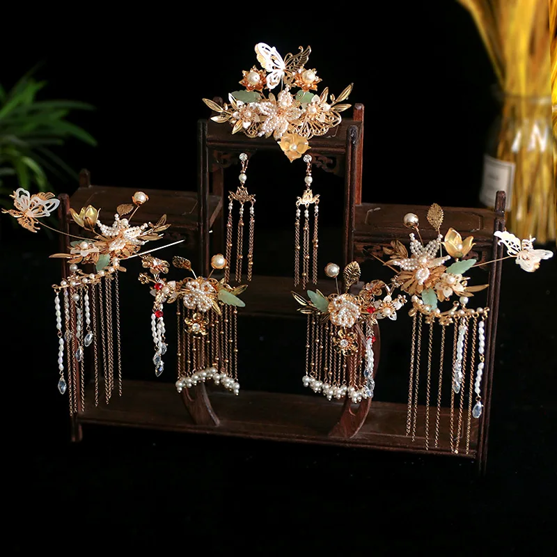 

Chinese Tiara Hairpins Comb Sets Headdress Tassel Step Shake Hairpin Comb Headdress Super Fairy Side Clip Wedding Hair Jewelry