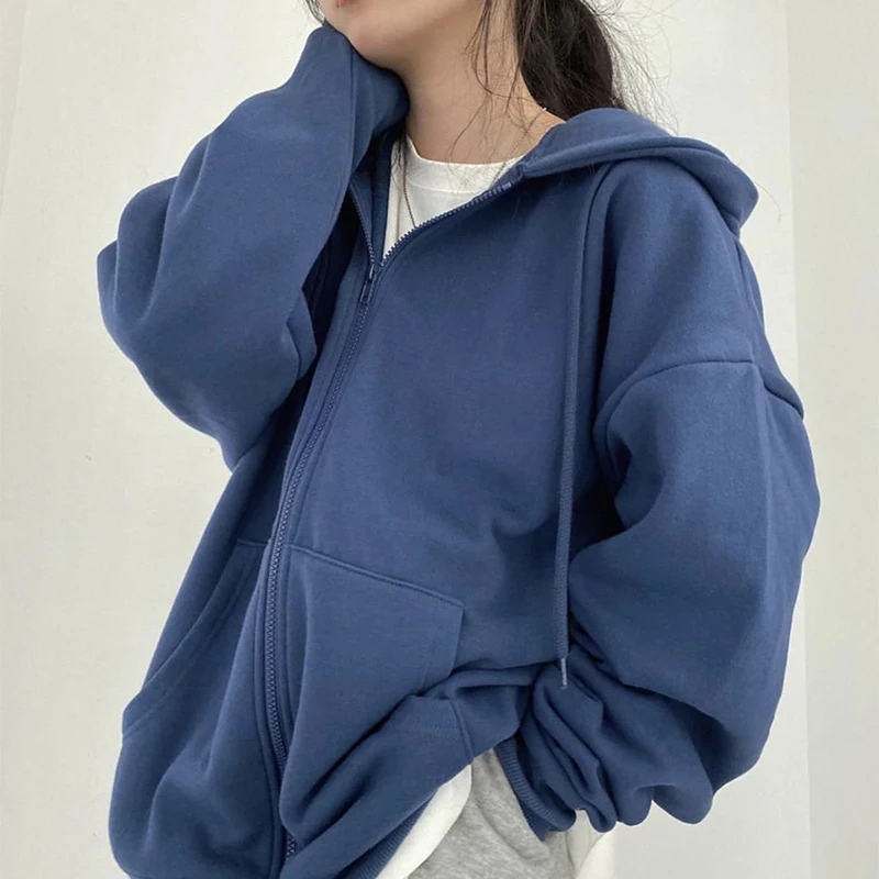 Winter Casual Streetwear Solid Loose Oversized hoodie Harajuku Soft cotton Warm Thin Zipper Y2K Women sweetshirts All-match Top