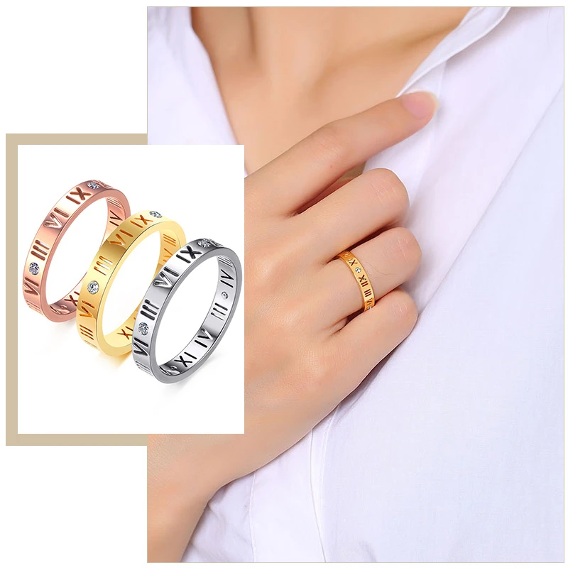 Женское элегантное кольцо из нержавеющей стали CZ камень римская цифра 3 мм тонкая