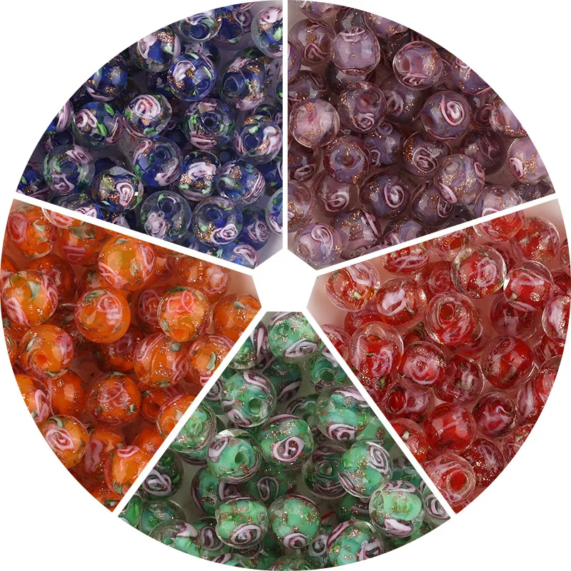 

10pcs Glass Lampwork Beads Round Flower Printing Multicolor Beads Accessories For Jewelry Making Necklace Bracelet DIY Wholesale