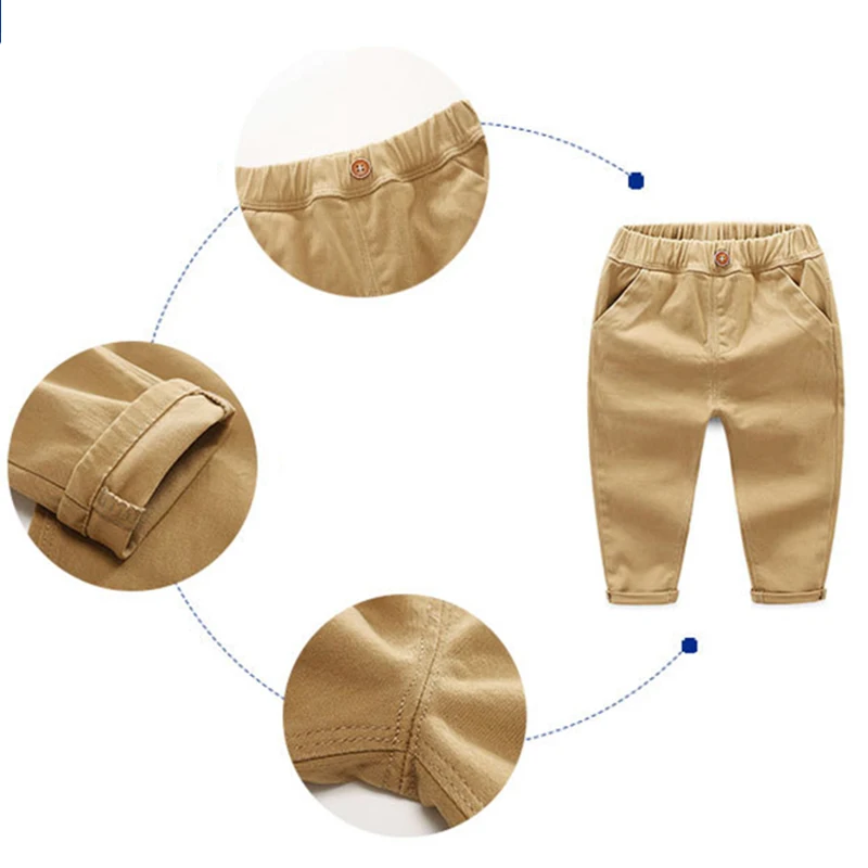 

BINIDUCKLING Kids Boys Cotton Pants Autumn Spring Fall Navy Khaki Trousers For Toddler Boys Solid Elastic-Waist Children Pants
