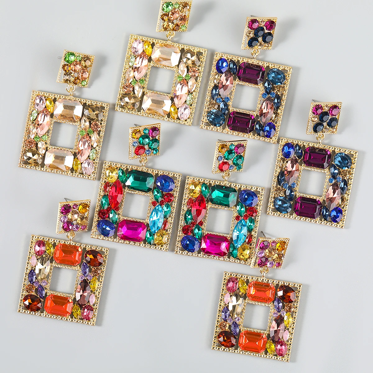 

2021 Winter Popular Metal Glass Square Earrings Castle Banquet Shiny Dangle Earrings Women's Charm Statement Earrings