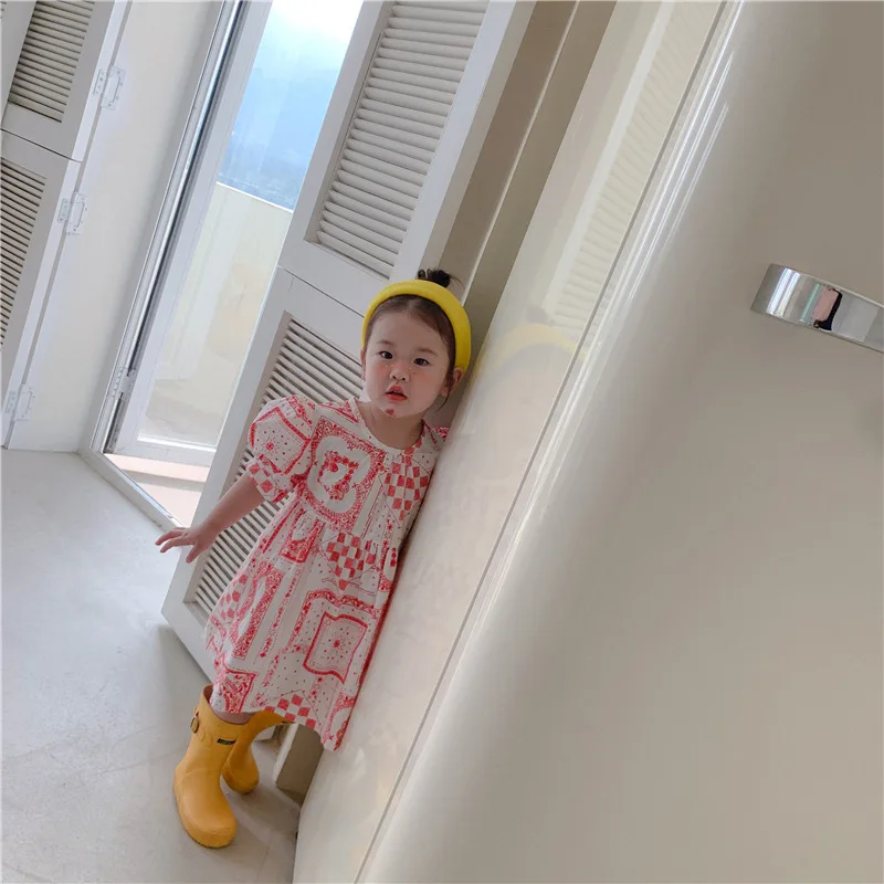

Korean Style Girls Dress Summer New Kids Baby Girls Cute Puff Sleeve Print Cotton Dress 2-8 Y Toddler Child Short Sleeve Dresses