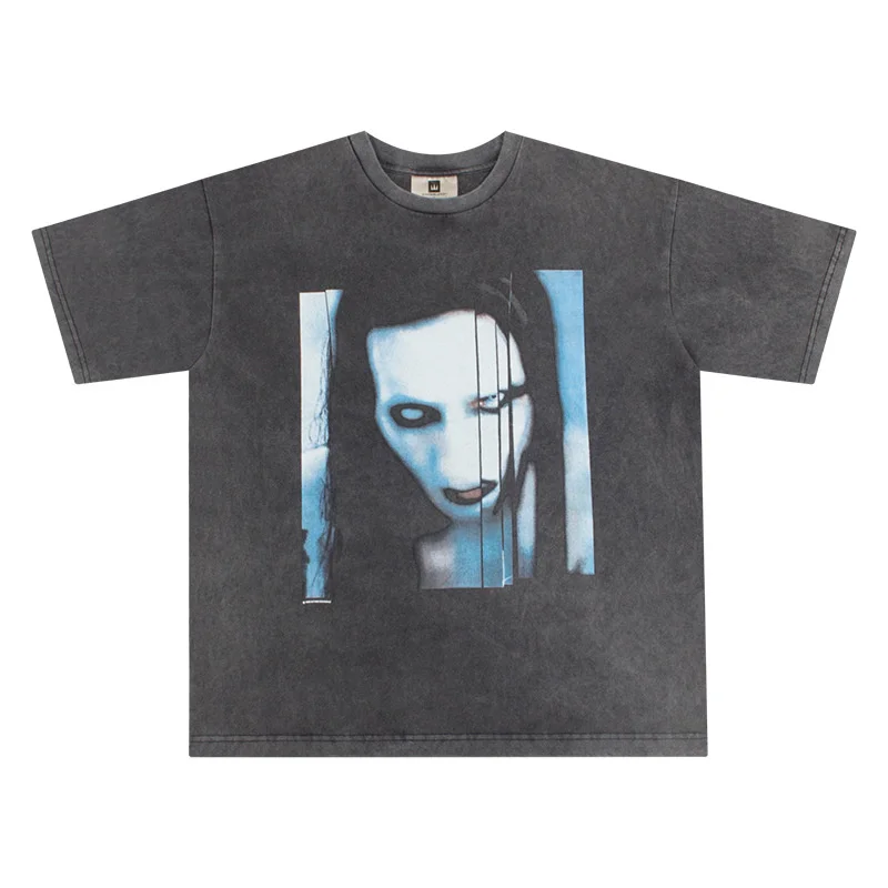 

American Famous Brand Marilyn Manson Character Photo Printing High Street Vintage Washed Streetwear Short Sleeve T-Shirt