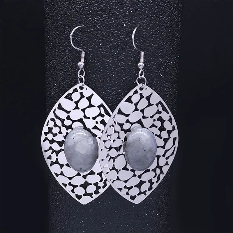 

2021 Boho Leaf Stainless Steel Natural Flash Stone Big Dangle Earrings Women Bohemia Jewelry boucle d oreille E8012S04