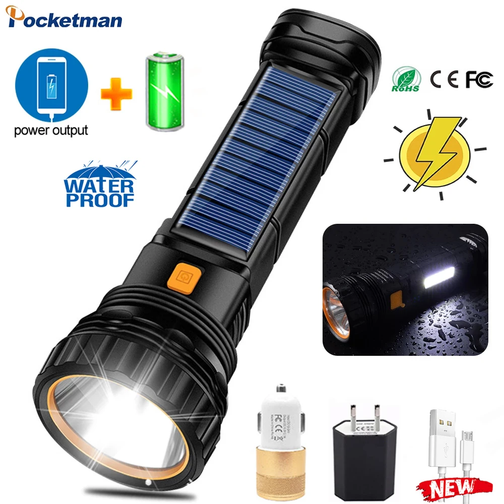 Linterna Solar Led portátil recargable por USB, linterna de largo alcance, Banco de energía de emergencia multifunción