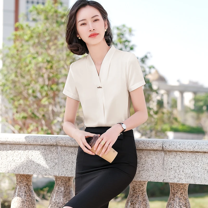 

Summer Women Blouses & Shirts V-neck Short Sleeve Apricot Office Ladies Top OL Styles