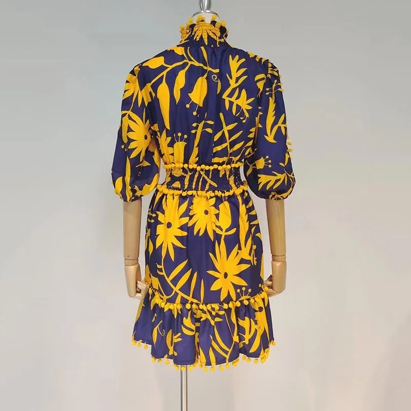 

Женское винтажное платье с принтом, мини-платье с воротником-стойкой, рукавами-фонариками и высокой талией, 2021