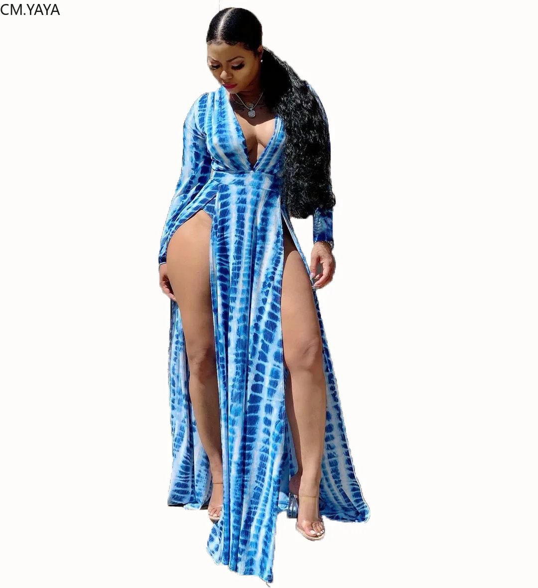 Женское облегающее платье макси с глубоким V образным вырезом и высоким