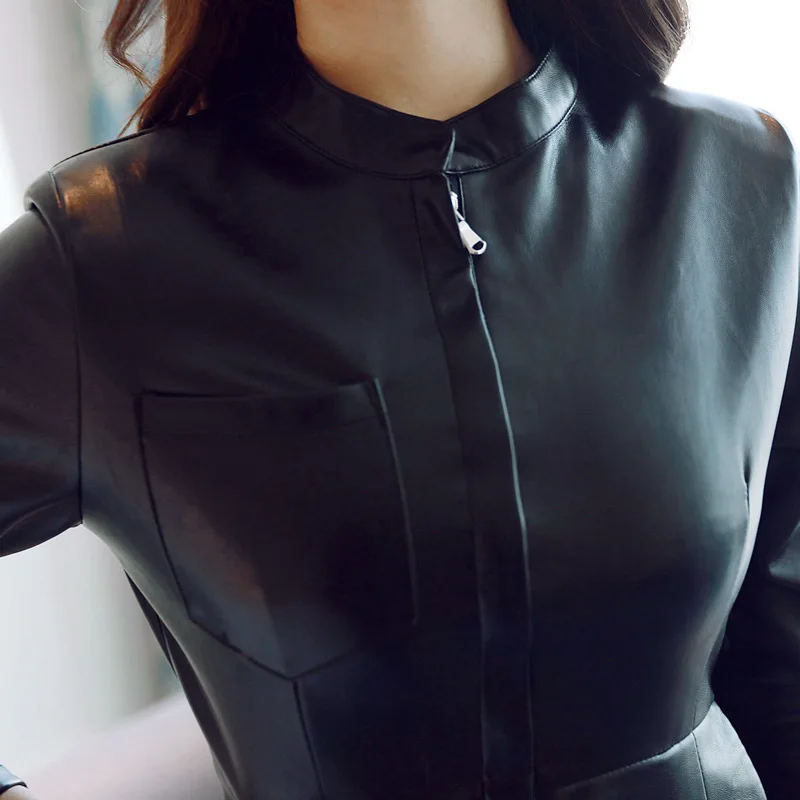 

Autumn Winter 2019 New Stylish Collar Front Zippered Pocket Trim Midi Dress PU Short Sexy Women Dress Vestidos