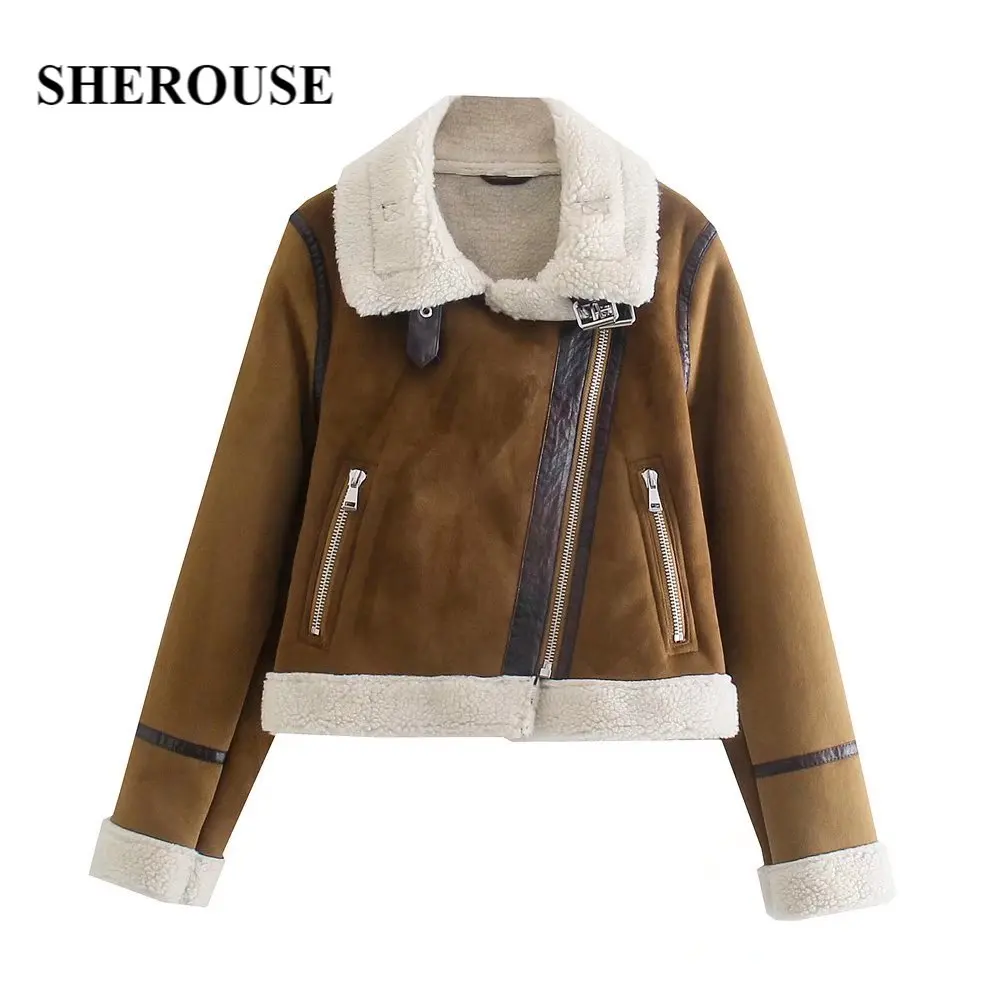 

Sherouse Women Fashion Double-Faced Jacket Long Sleeves Lapel Collar Faux Shearling Detail Casual Woman Bomber Jacket Winter