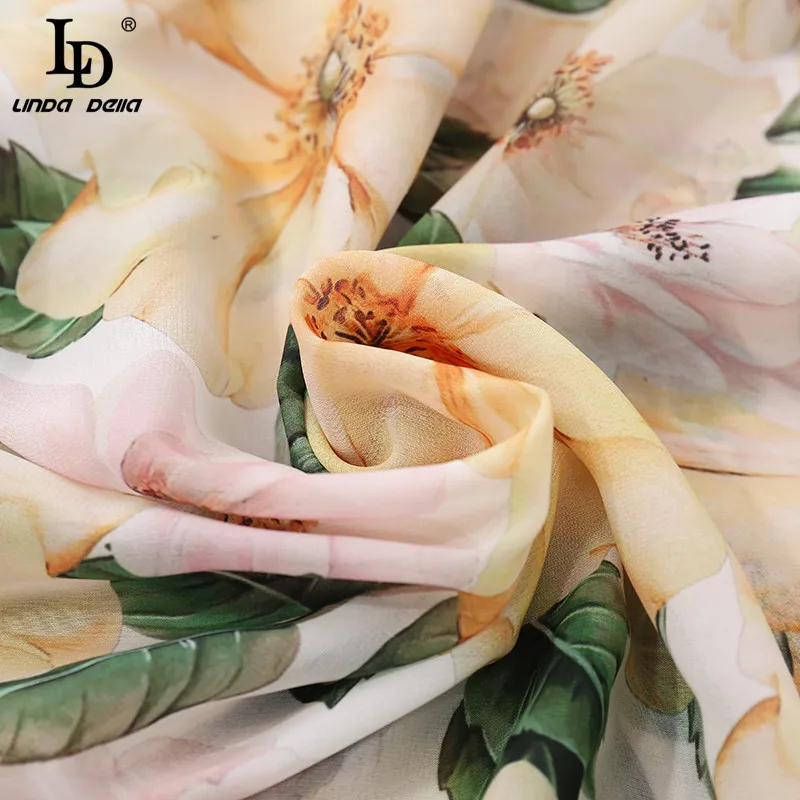 

LD LINDA DELLA 2021 Summer Runway Dresses Women V-neck Puff Sleeve Camellia print Bohemian Vacation Ladies Elegant Midi Dress
