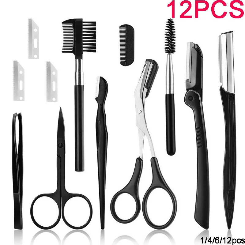 

12pcs Black Eyebrow Trimmer Eyebrow Razor Kit Eyebrow Comb Scissors for Face Tweezers Eyelash Brush Makeup Tools Sets 1/4/6pcs