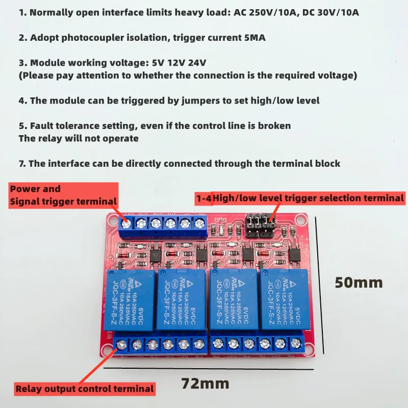

1pcs 4 channel relay module, 5V 12V 24V, with optocoupler isolation relay module output high/low level trigger electronic DIY
