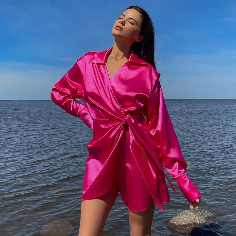 

wsevypo 2021 Autumn Elegant Satin Shirts Dress Women's Laple V-Neck Tied Up Short Dress Party Casual Chic Solid Color Dress