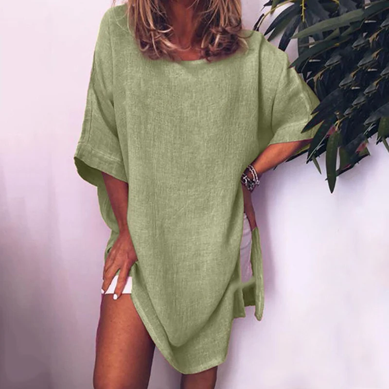 Повседневное свободное одноцветное хлопковое льняное модное платье летнее