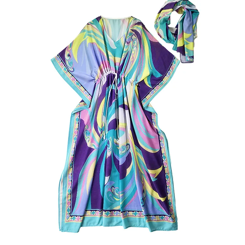 

2021 Summer Batwing Sleeve Printed Dress Women Vintage Middle East Lace Up Slim Waist Vacation Casual Maxi Dress Robe Vestidos