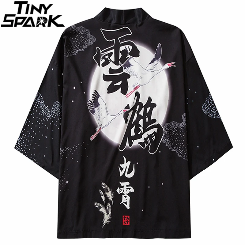 

2021 Japanese Kimono Jacket Chinese Kanji Crane Print Harajuku Hip Hop Men Streetwear Jacket Coat Thin Clothing Loose Kimono