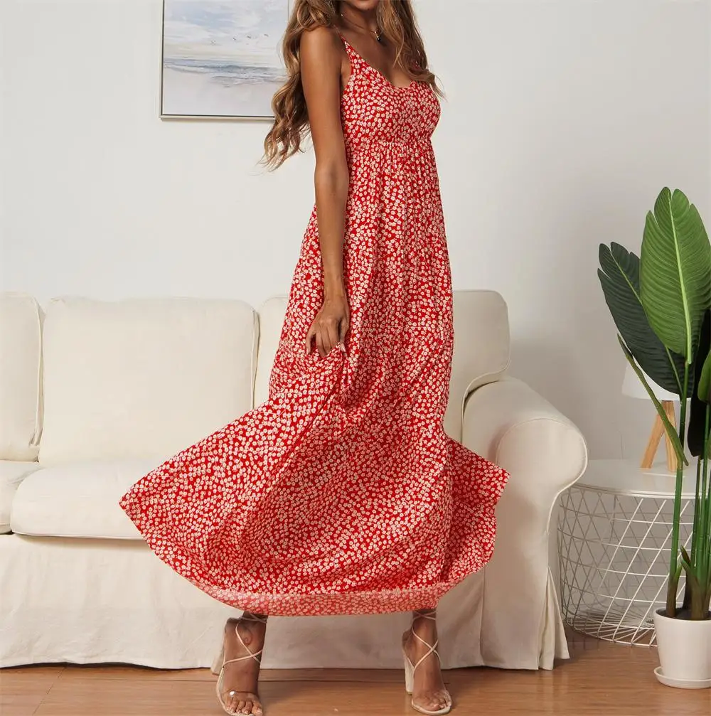 

New 2021 Women Boho Beach Summer Dress Tunic Casual Long Floor Length Dresses Small Floral Print Big Swing Strap V-neck Vestidos