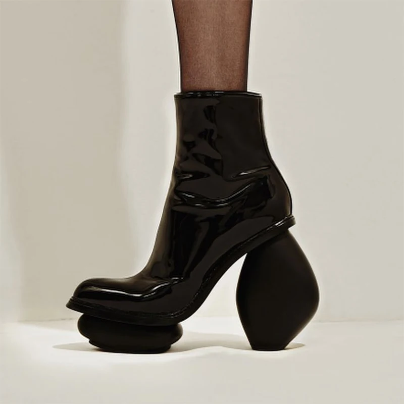 

Fashion Women's Strange Heel Ankle Boots Black Silver Pointed Toe High Heels Shoes Glossy D4