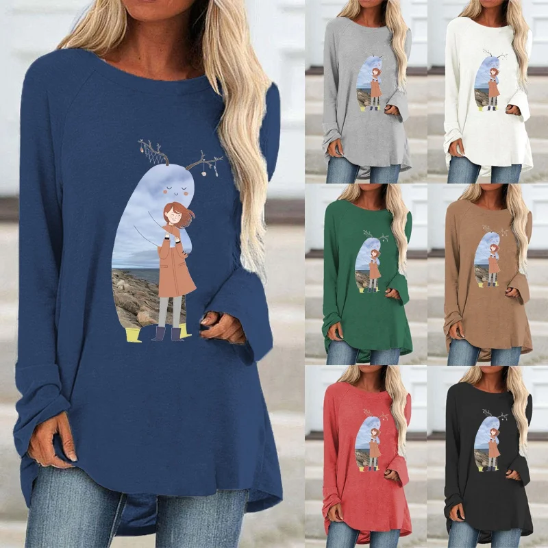

Women Autumn Fashion Plus Size Long Sleeved Loose Round Neck Print Sweatshirt Casual Tops & Blouses T Shirt