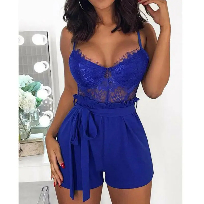 

Women Holiday Sleeveless V-Neck Mini Lace Playsuit Ladies Casual Jumpsuit Summer Fashion Beach Sets Size 6 - 14