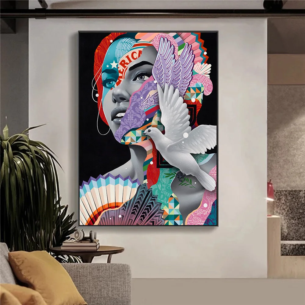 

Colorful Graffiti Artist Female Canvas Oil Painting Abstract Pigeon Poster and Print Wall Art Picture for Living Room Home Decor