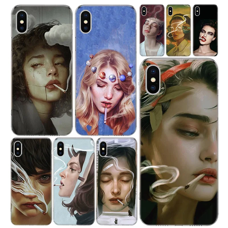 

Smoking girl Phone Case Cover For Iphone 13 12 11 Pro 7 8 6 6S Plus + X XS MAX XR 5 5S SE Fashion Art TPU Coque Shell Capa