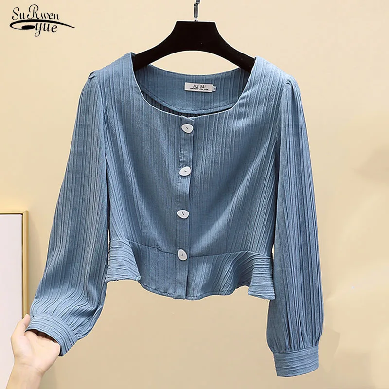 

2021 Осень Новый французский с квадратным вырезом; Рубашка с длинными рукавами для женщин, с пряжкой, в стиле ретро; Из циркона квадратной Топ ...