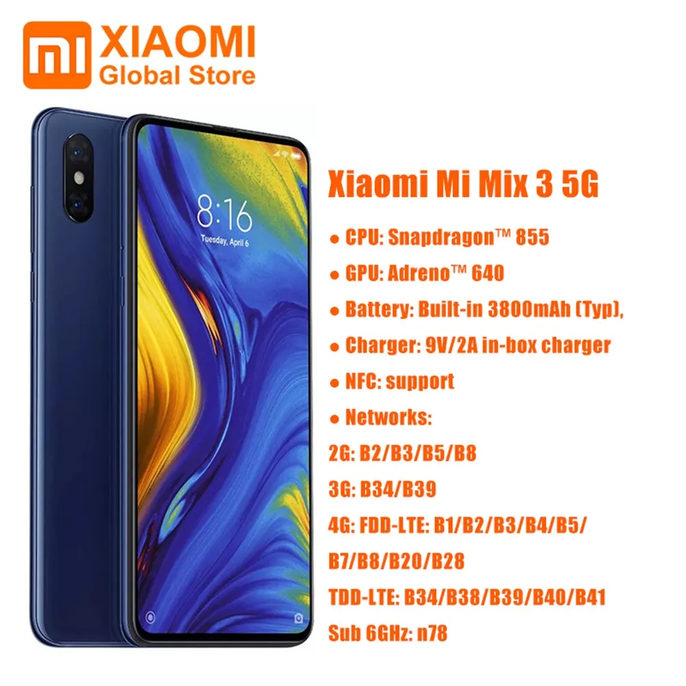 Оригинальный Смартфон Xiaomi Mi Mix 3 5G 6 ГБ 128 NFC Snapdragon 855 Восьмиядерный 39 дюймов