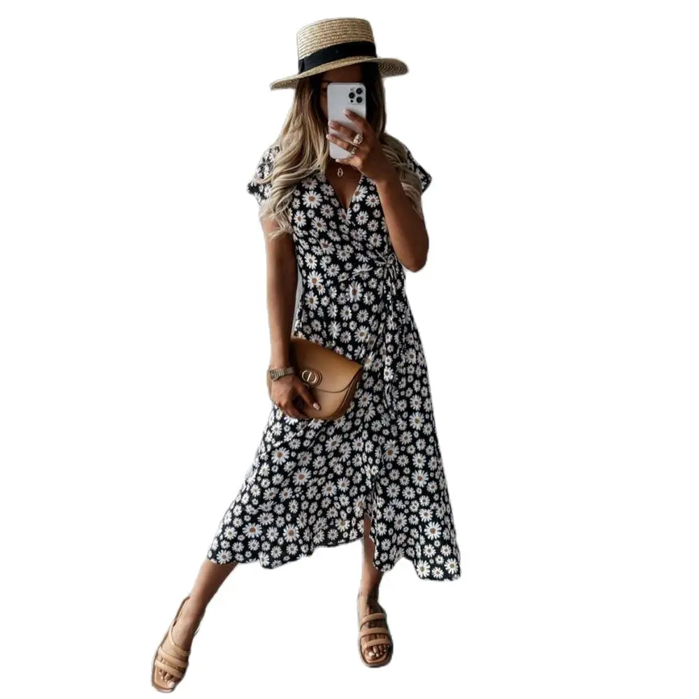 

Summer 2021 New Good Quality Factory Price Women's Fashion Casual Chrysanthemum Print Hot Sale V-Neck Short-Sleeved A-Line Dress