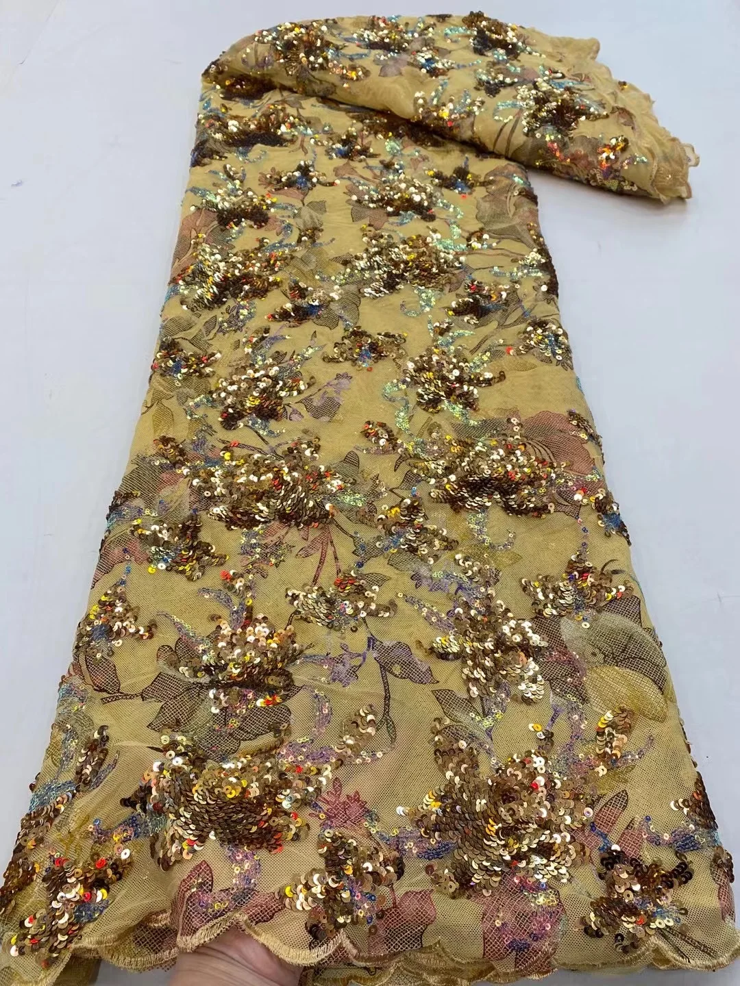 

Latest Muticolor Flora pattern Nigerian shining sequins embroidered net lace JOY-41801 african tulle lace party ladies dress