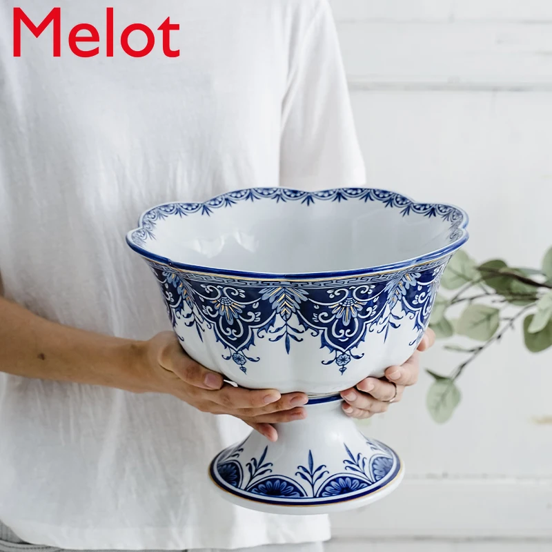 

Hand Painted Court Style Retro High-Foot Blue and White Porcelain Fruit Plate Living Room Home Personalized Creative Candy Plate