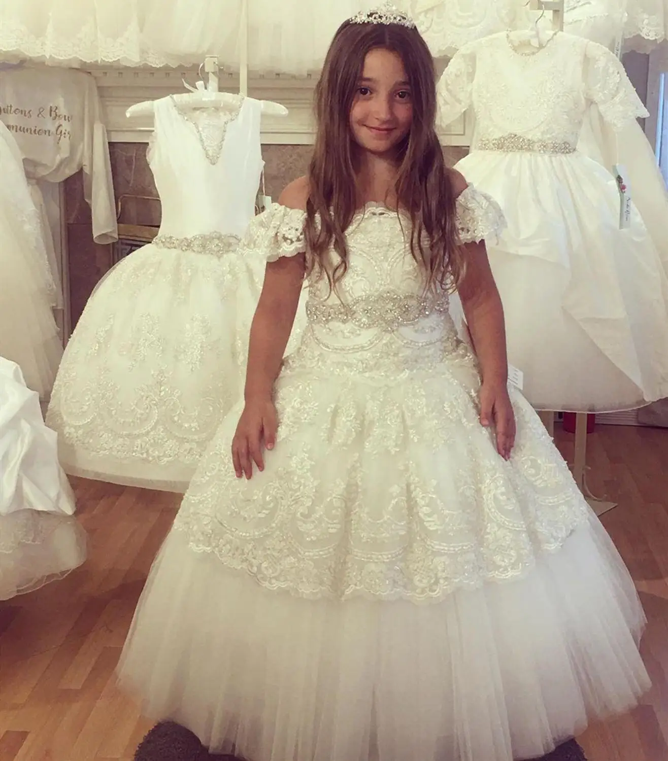 

Платье с открытыми плечами для девочек, кружевное платье цвета слоновой кости с цветочным принтом, с аппликацией и бисером, для первого прич...