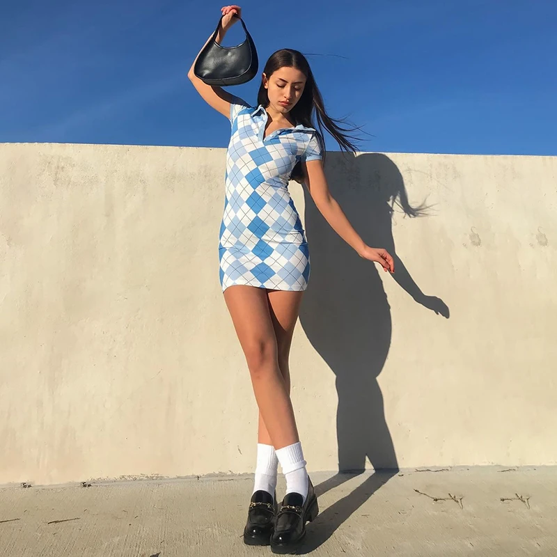 

Harajuku Argyle Print Turtleneck Knit Dress For Women 2021 Summer Y2k Aesthetic Skinny Fashion Mini Dress Vintage Outfits