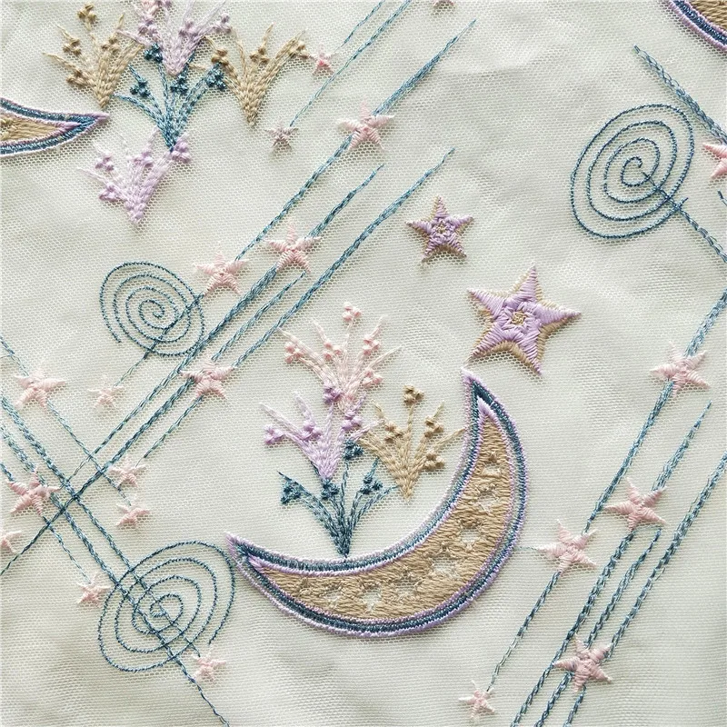 3Yard Stars Moon On Mesh 3D Embroidery Lace Cheongsam Dress Clothes Children's Clothing Dress Soft Fabric Wedding Dress Material