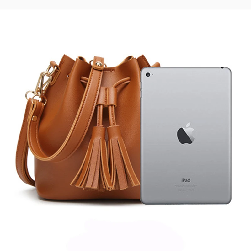 LILY QUEEN Women Fashion Crossbody Bag Tassel Bucket Solid PU Leather Shoulder Bolsa | Багаж и сумки