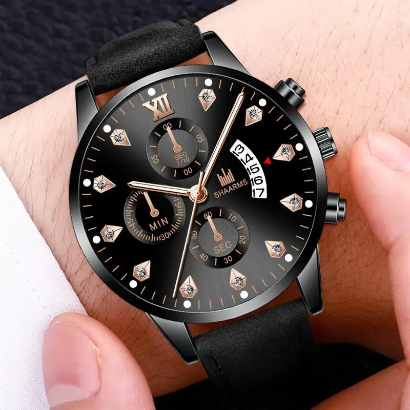 Мужские часы модные с календарем и бриллиантами мужские роскошные кожаные