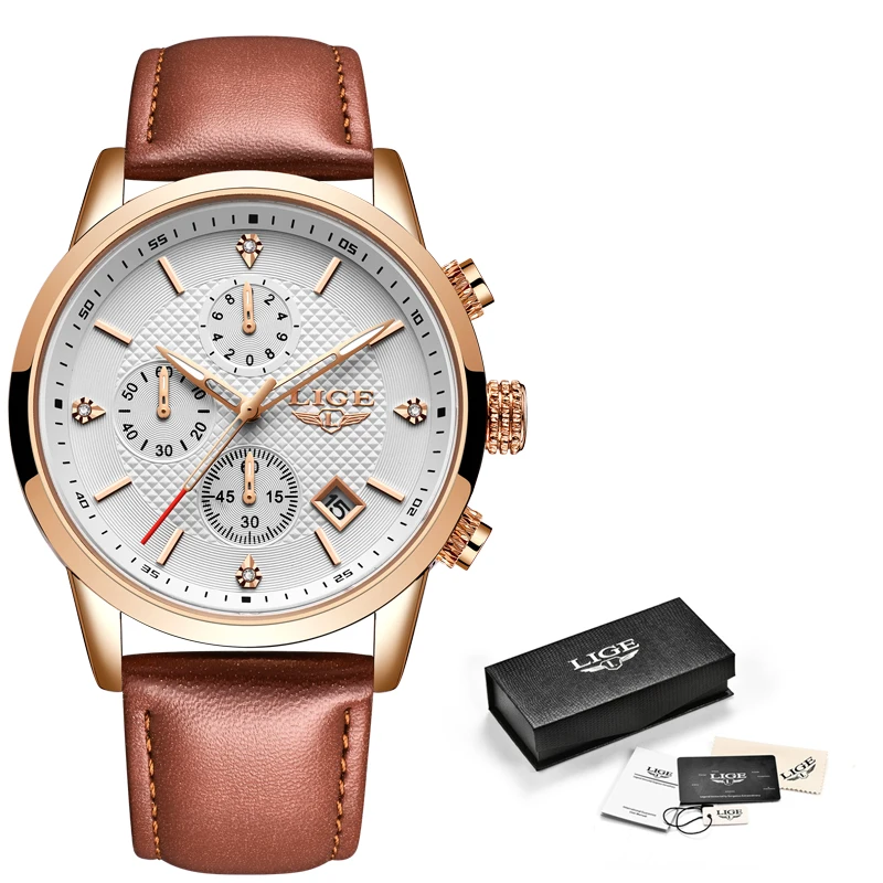

Relogio Masculino LIGE New Men Watch Top Brand Brown Leather Chronograph Waterproof Sport Automatic Date Quartz Watches For Men