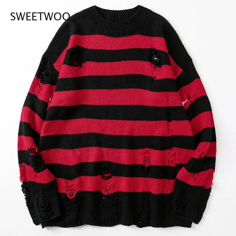 

Striped Sweaters Women Punk Unisex Sweater Autumn Hollow Out Hole Broken Jumper Loose Oversized Pullouvers Harajuku Streetwear