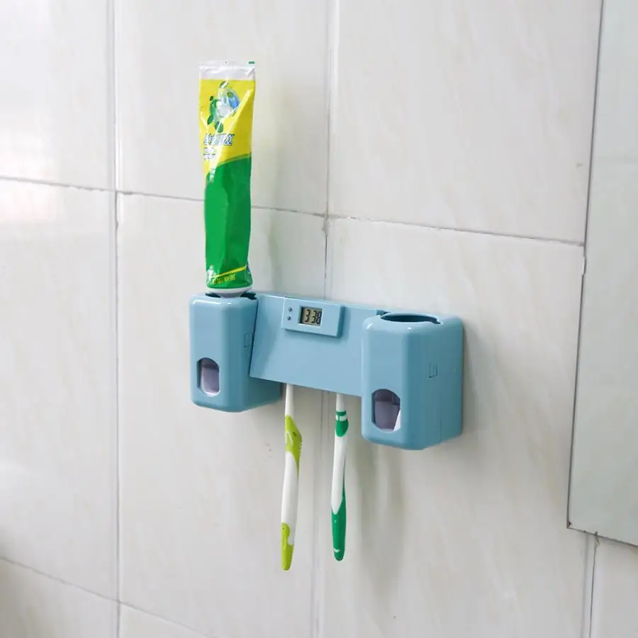 Auto 2 Toothpaste Dispenser + 5 Tooth Brush Holder Wall Mount Stand Rack W/Clock Bathroom Supplie Toiletries | Дом и сад